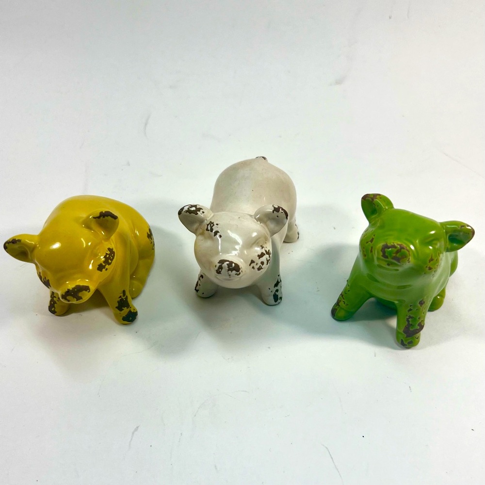 White, Gold & Green Small Glazed Pig Figurines Distressed Spots Pottery